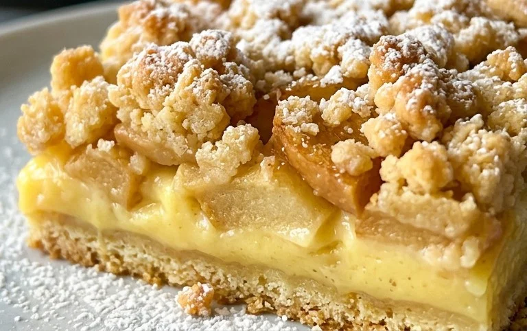 Apfelkuchen vom Blech - mit Pudding und knusprigen Streusel